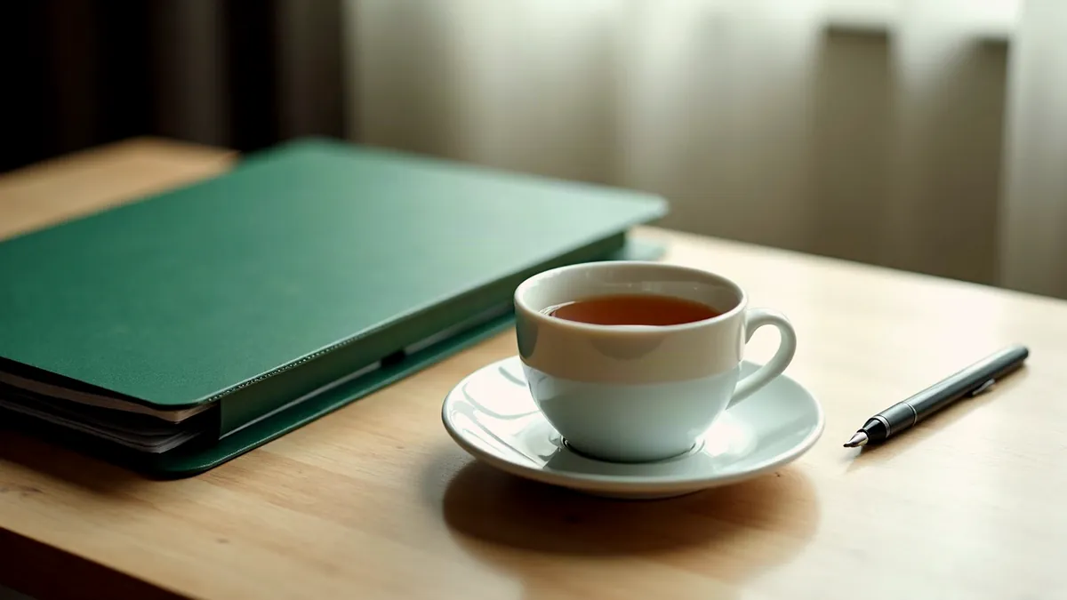 Tasse Tee auf einer Untertasse neben einer grünen Aktenmappe und einem Füller auf einem hellen Holztisch