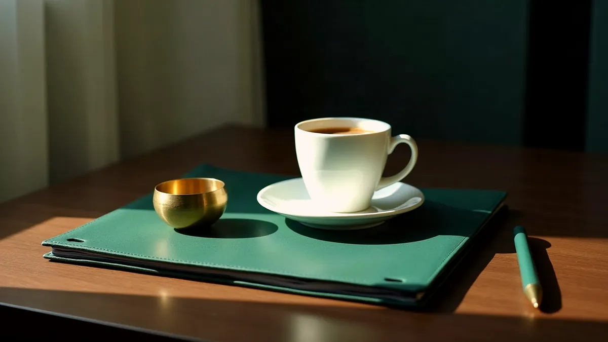 Weiße Kaffeetasse und eine kleine Messingschale auf einer grünen Mappe, daneben ein Stift, im Streiflicht auf einem Holztisch