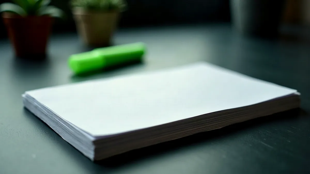 Stapel weißes Papier und ein grüner Textmarker auf einem dunklen Tisch, Pflanzen im Hintergrund