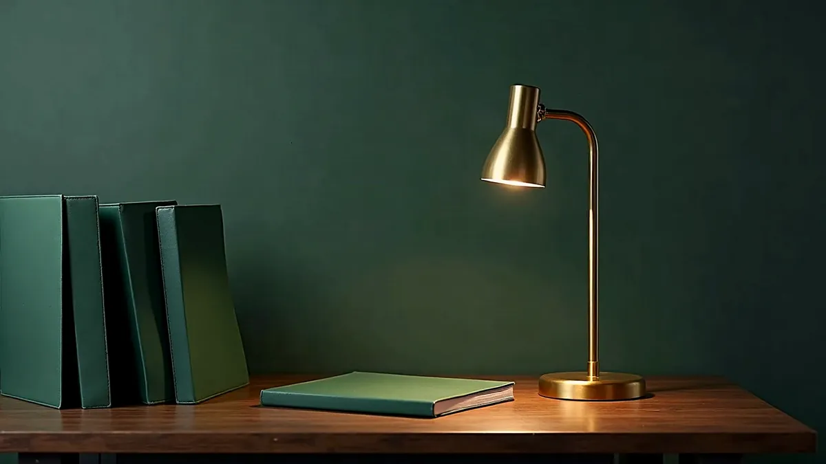 Grüne Ordner und ein grünes Heft neben einer Messinglampe auf einem Holztisch vor einer dunkelgrünen Wand